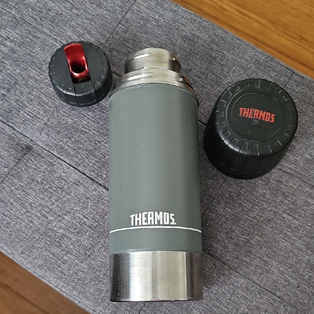 Vintage Thermos Steel Gray Bottle with Red Cap